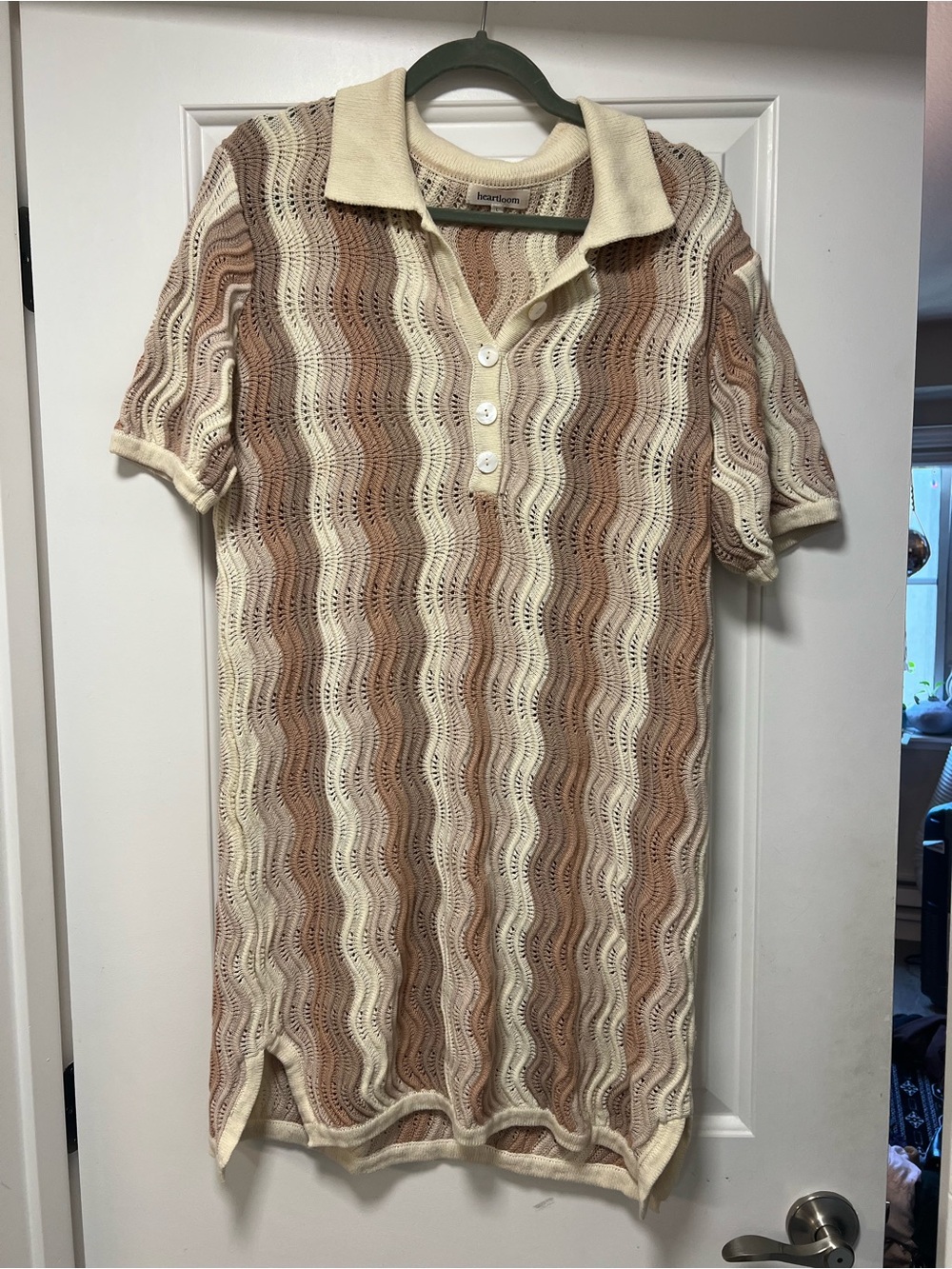 Vintage-Inspired Cream & Brown Knit Polo Shirt Dress